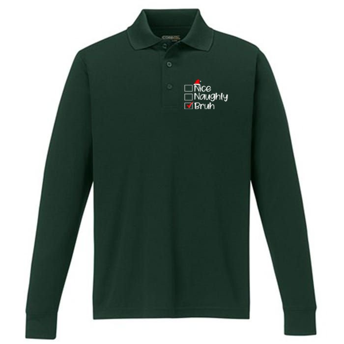 Funny Christmas Nice Naughty Bruh List Performance Long Sleeve Polo