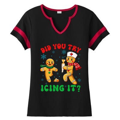 Funny Christmas Nurse Did You Try Icing It Gingerbread Man Gift Ladies Halftime Notch Neck Tee