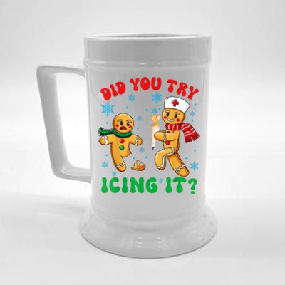 Funny Christmas Nurse Did You Try Icing It Gingerbread Man Beer Stein