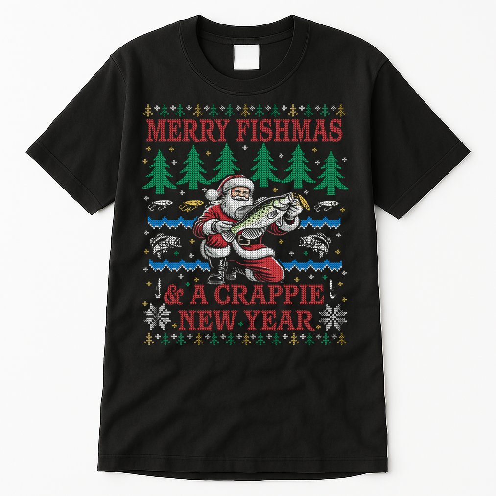 Funny Crappie New Year Fishing Ugly Christmas Sweater Party Tall T-Shirt