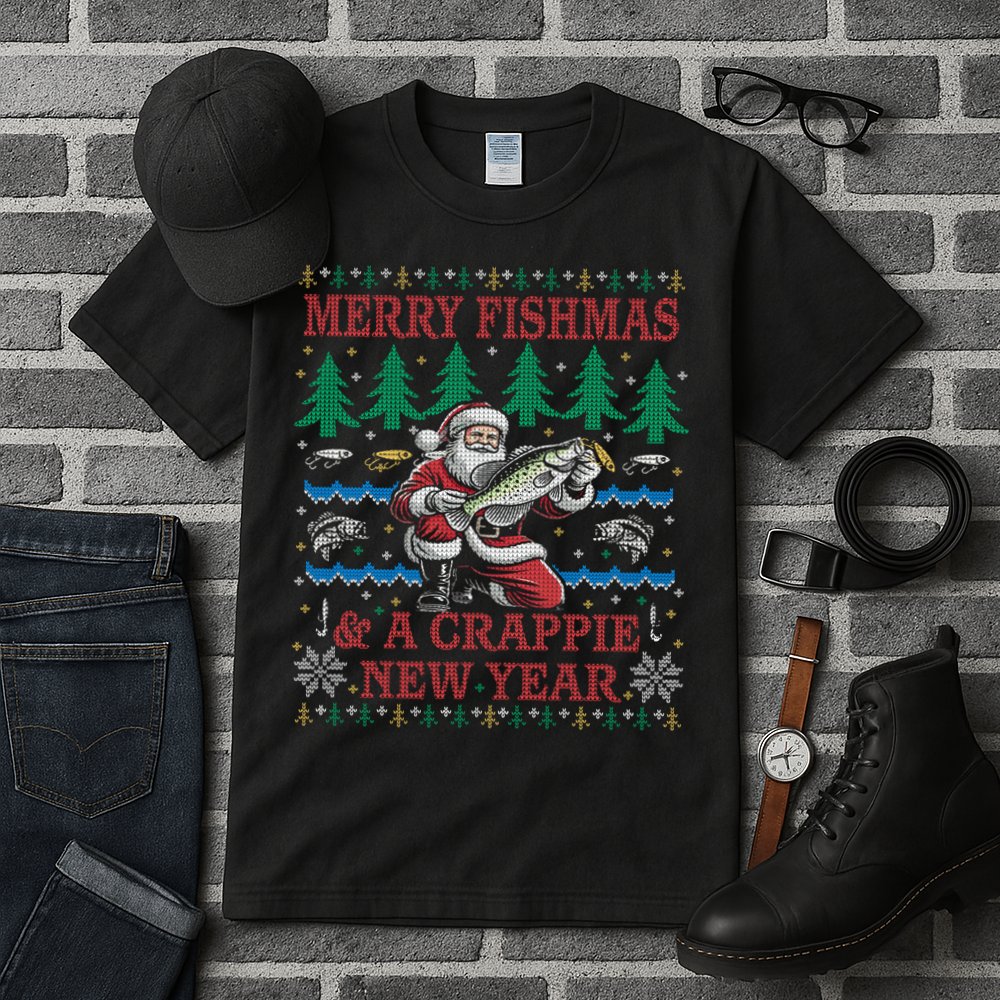 Funny Crappie New Year Fishing Ugly Christmas Sweater Party Tall T-Shirt