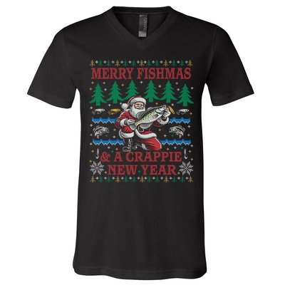 Funny Crappie New Year Fishing Ugly Christmas Sweater Party V-Neck T-Shirt