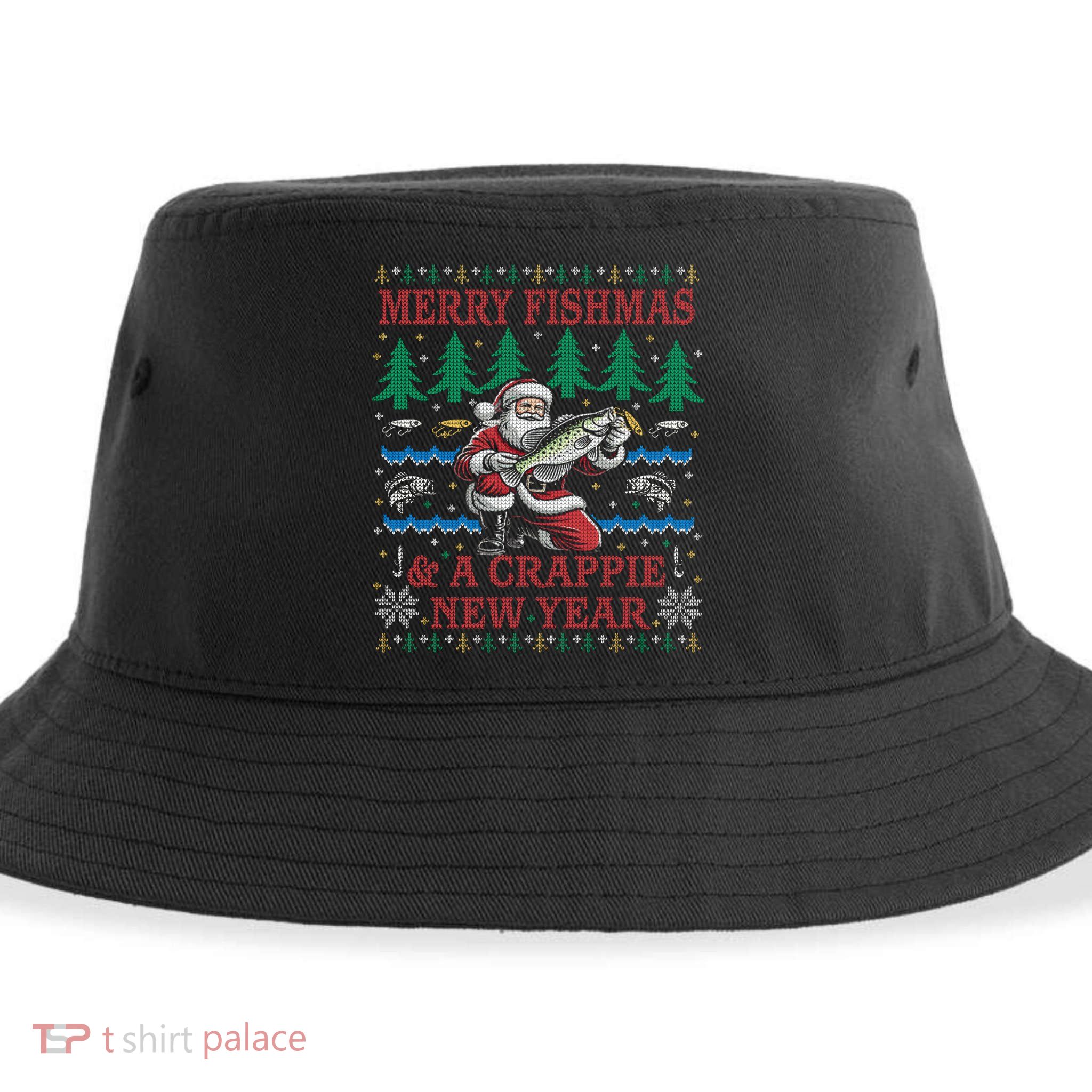 Funny Crappie New Year Fishing Ugly Christmas Sweater Party Sustainable Bucket Hat
