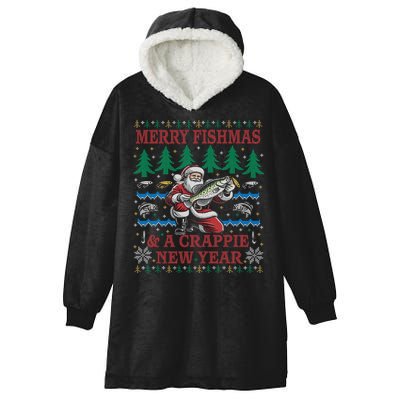 Funny Crappie New Year Fishing Ugly Christmas Sweater Party Hooded Wearable Blanket