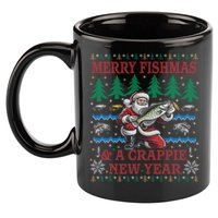 Funny Crappie New Year Fishing Ugly Christmas Sweater Party 11oz C Handle Ceramic Mug