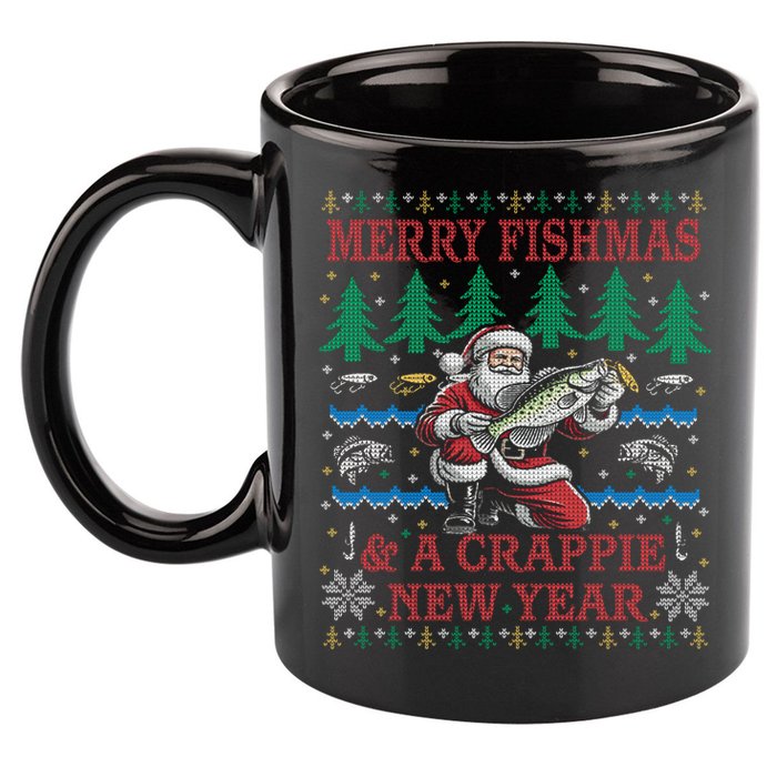 Funny Crappie New Year Fishing Ugly Christmas Sweater Party 11oz C Handle Ceramic Mug