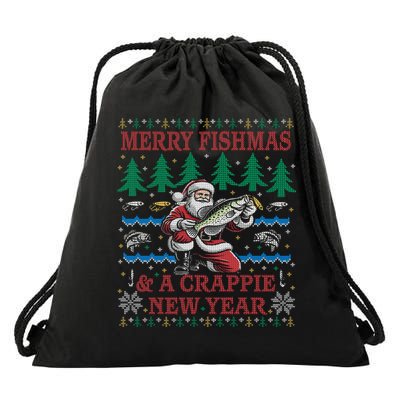 Funny Crappie New Year Fishing Ugly Christmas Sweater Party Drawstring Bag