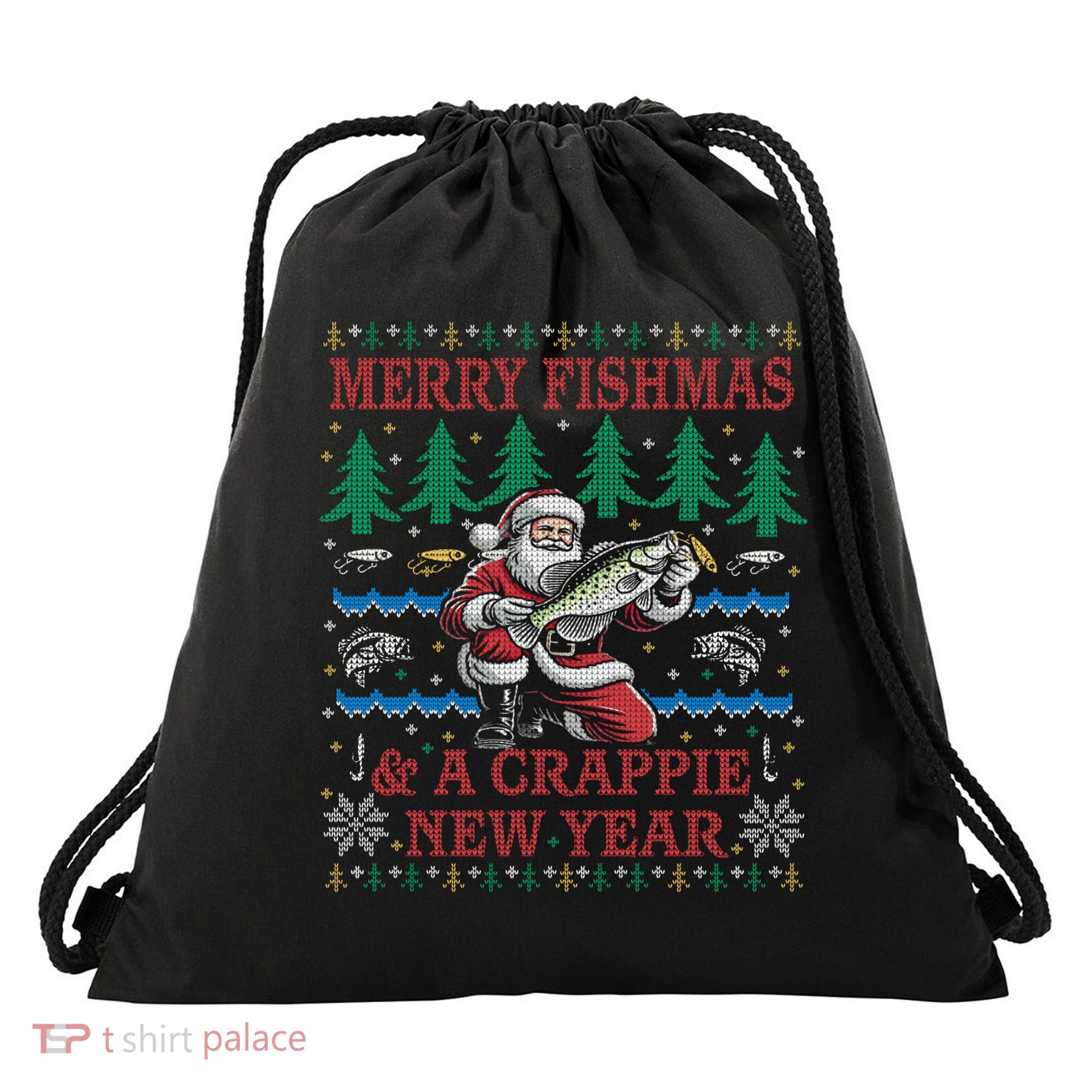 Funny Crappie New Year Fishing Ugly Christmas Sweater Party Drawstring Bag