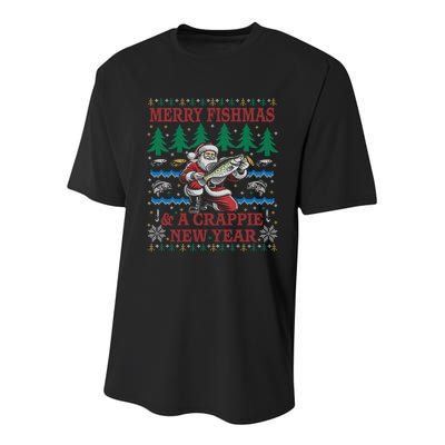 Funny Crappie New Year Fishing Ugly Christmas Sweater Party Youth Performance Sprint T-Shirt