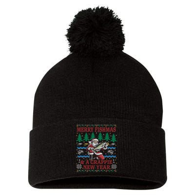 Funny Crappie New Year Fishing Ugly Christmas Sweater Party Pom Pom 12in Knit Beanie
