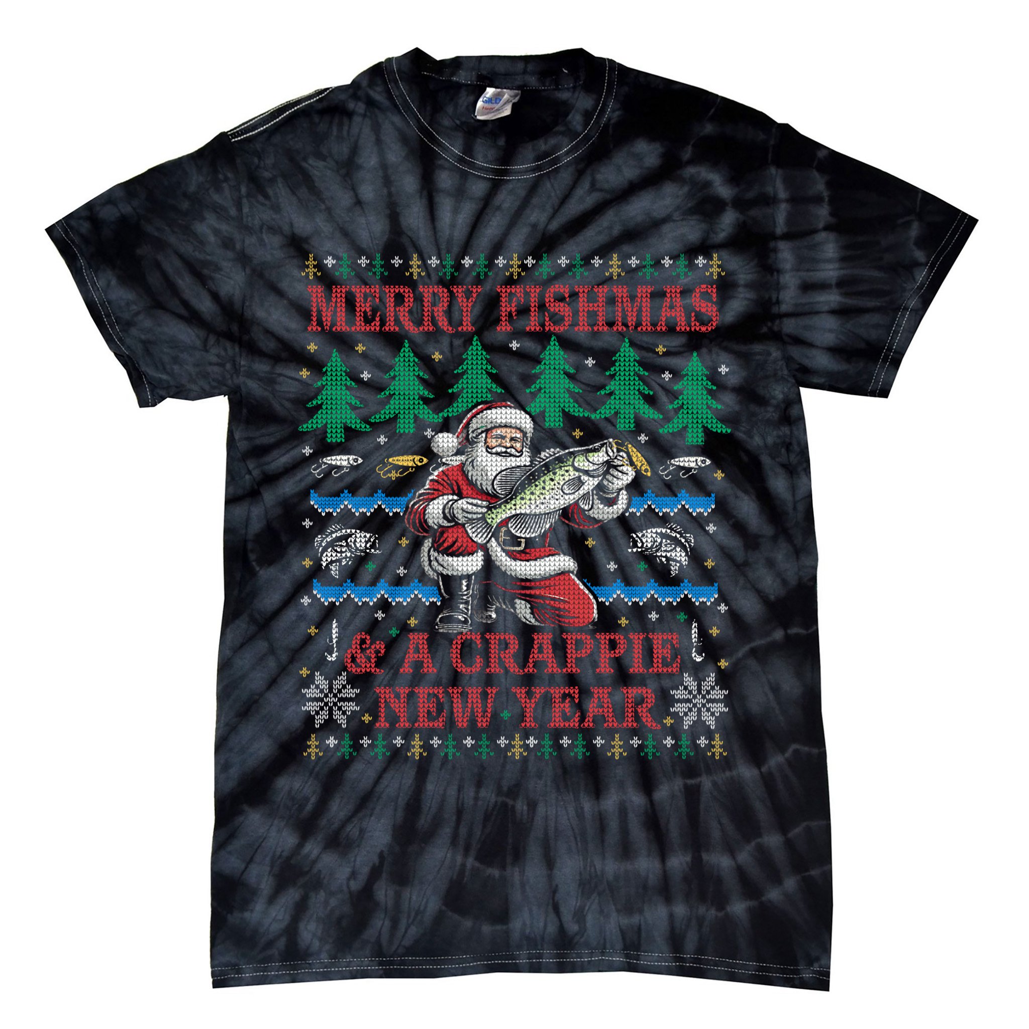 Funny Crappie New Year Fishing Ugly Christmas Sweater Party Tie-Dye T-Shirt
