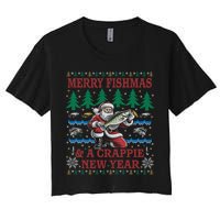 Funny Crappie New Year Fishing Ugly Christmas Sweater Party Women's Crop Top Tee