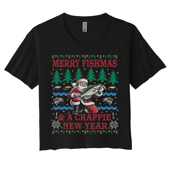 Funny Crappie New Year Fishing Ugly Christmas Sweater Party Women's Crop Top Tee