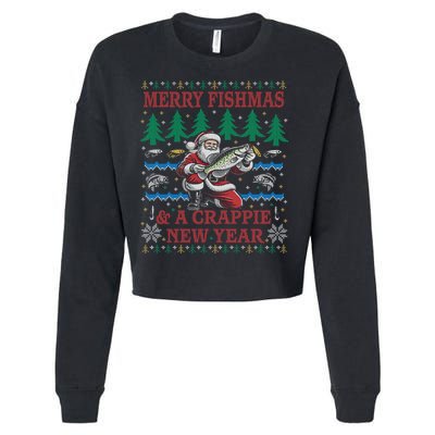 Funny Crappie New Year Fishing Ugly Christmas Sweater Party Cropped Pullover Crew