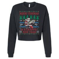 Funny Crappie New Year Fishing Ugly Christmas Sweater Party Cropped Pullover Crew