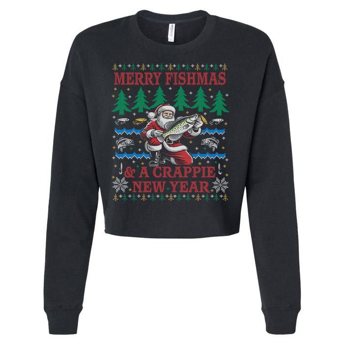 Funny Crappie New Year Fishing Ugly Christmas Sweater Party Cropped Pullover Crew