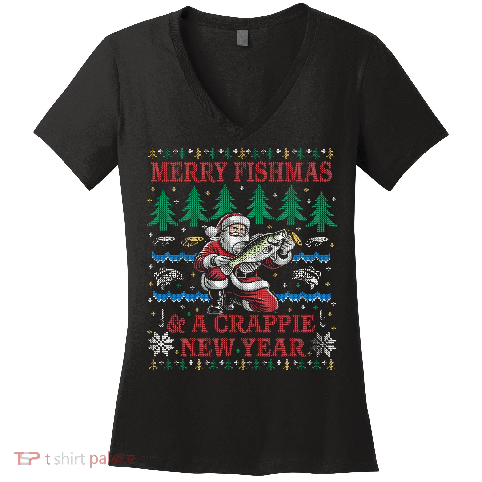 Funny Crappie New Year Fishing Ugly Christmas Sweater Party Women's V-Neck T-Shirt