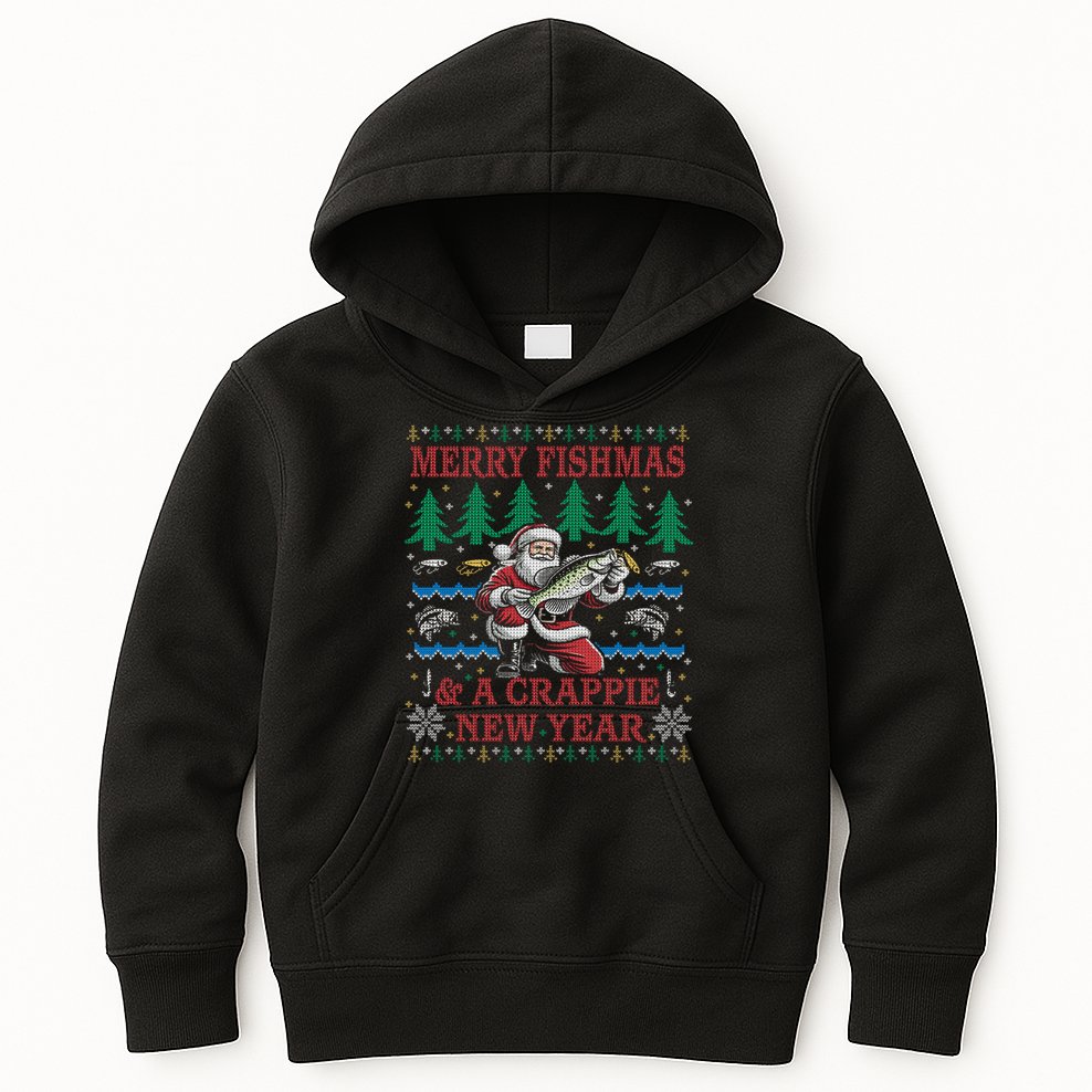 Funny Crappie New Year Fishing Ugly Christmas Sweater Party Kids Hoodie