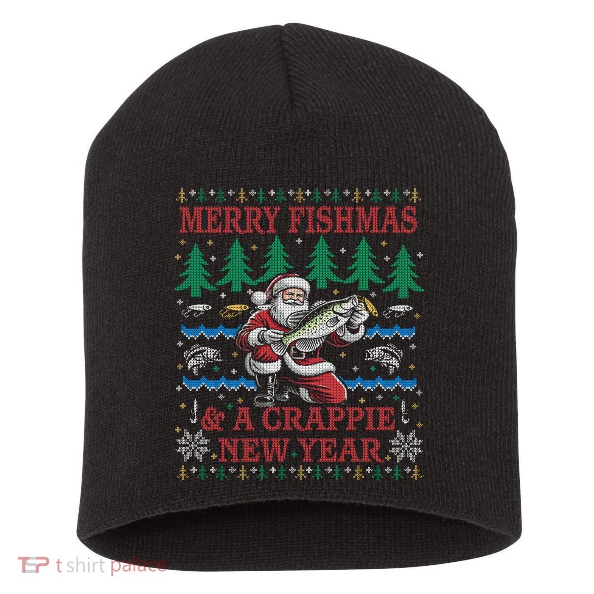 Funny Crappie New Year Fishing Ugly Christmas Sweater Party Short Acrylic Beanie
