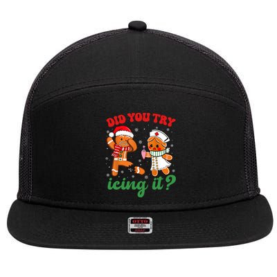 Funny Christmas Nurse Did You Try Icing It Gingerbread Man 7 Panel Mesh Trucker Snapback Hat