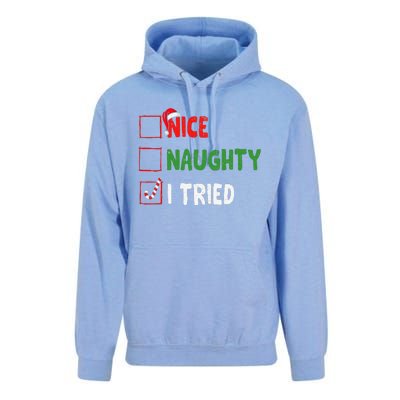 Funny Christmas Nice Naughty I Tried Holiday Xmas 2024 Gift Unisex Surf Hoodie