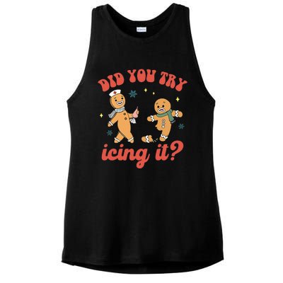 Funny Christmas Nurse Gingerbread Man Did You Try Icing It Ladies PosiCharge Tri-Blend Wicking Tank