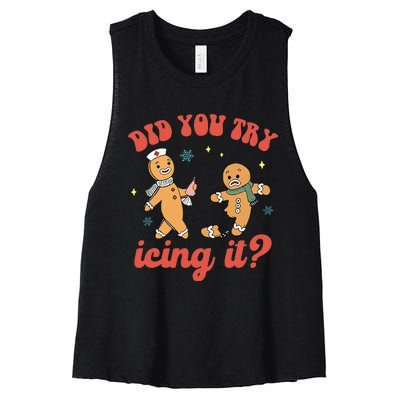 Funny Christmas Nurse Gingerbread Man Did You Try Icing It Women's Racerback Cropped Tank