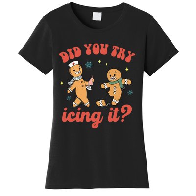 Funny Christmas Nurse Gingerbread Man Did You Try Icing It Women's T-Shirt