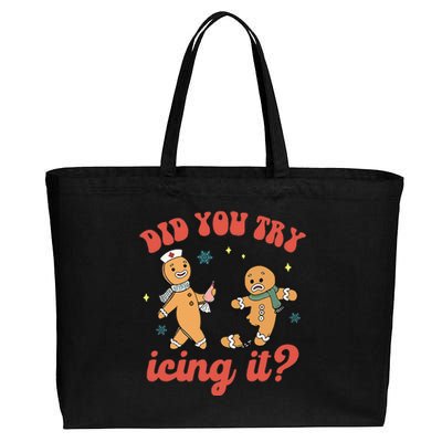 Funny Christmas Nurse Gingerbread Man Did You Try Icing It Cotton Canvas Jumbo Tote