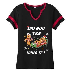 Funny Christmas Nurse Gingerbread Did You Try Icing It Cute Gift Ladies Halftime Notch Neck Tee