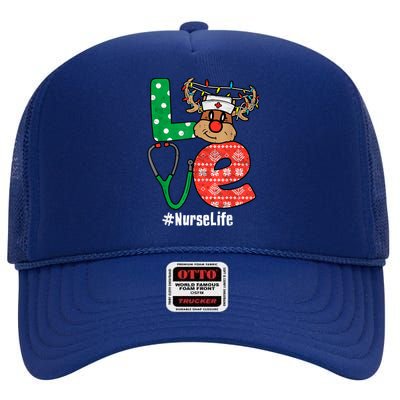 Funny Christmas Nurse Stethoscope Christmas Reindeer Nurse High Crown Mesh Back Trucker Hat