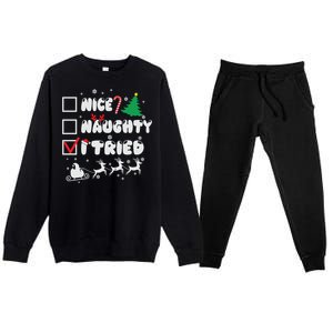 Funny Christmas Nice Naughty I Tried Xmas Premium Crewneck Sweatsuit Set