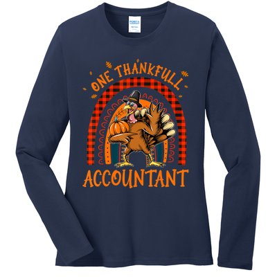 Funny Cute One Thankful Accountant Thanksgiving Rainbow Turkey Autumn Ladies Long Sleeve Shirt