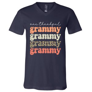 Funny Cute One Thankful Grammy Autumn Tree Fall Leaves Thanksgiving V-Neck T-Shirt