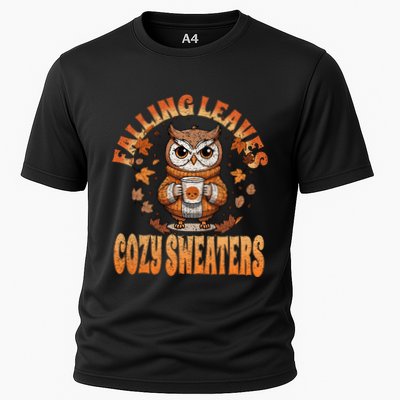 Fall Cute Owl With Coffee And Autumn Leaves Cooling Performance Crew T-Shirt