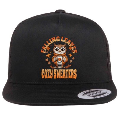 Fall Cute Owl With Coffee And Autumn Leaves Flat Bill Trucker Hat
