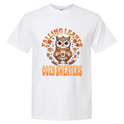 Fall Cute Owl With Coffee And Autumn Leaves Garment-Dyed Heavyweight T-Shirt