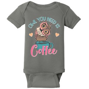 Funny Cute Owl You Need Is Coffee Baby Bodysuit