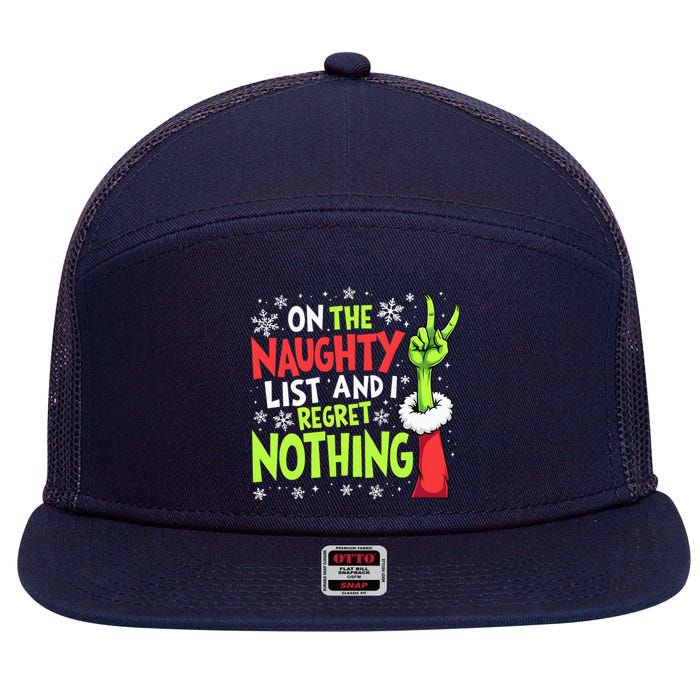 Funny Christmas On The Naughty List And I Regret Nothing 7 Panel Mesh Trucker Snapback Hat