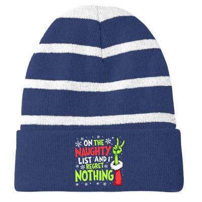 Funny Christmas On The Naughty List And I Regret Nothing Striped Beanie with Solid Band