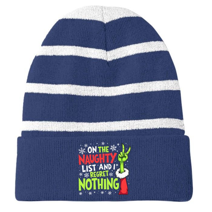 Funny Christmas On The Naughty List And I Regret Nothing Striped Beanie with Solid Band