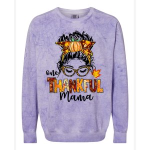 Funny Cute One Thankful Mama Messy Bun Fall Autumn Thanksgiving Colorblast Crewneck Sweatshirt