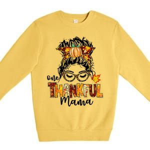 Funny Cute One Thankful Mama Messy Bun Fall Autumn Thanksgiving Premium Crewneck Sweatshirt