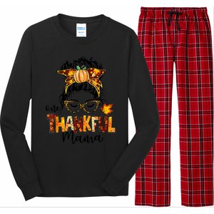 Funny Cute One Thankful Mama Messy Bun Fall Autumn Thanksgiving Long Sleeve Pajama Set