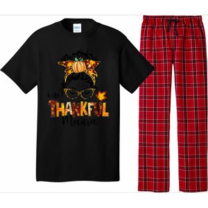 Funny Cute One Thankful Mama Messy Bun Fall Autumn Thanksgiving Pajama Set