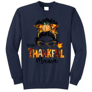 Funny Cute One Thankful Mama Messy Bun Fall Autumn Thanksgiving Tall Sweatshirt