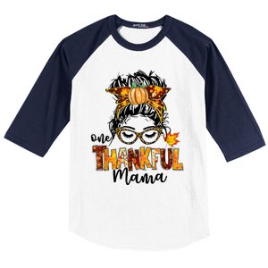 Funny Cute One Thankful Mama Messy Bun Fall Autumn Thanksgiving Baseball Sleeve Shirt