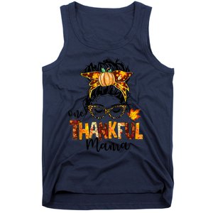 Funny Cute One Thankful Mama Messy Bun Fall Autumn Thanksgiving Tank Top