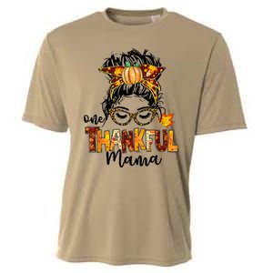 Funny Cute One Thankful Mama Messy Bun Fall Autumn Thanksgiving Cooling Performance Crew T-Shirt