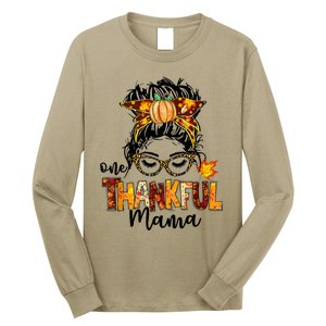 Funny Cute One Thankful Mama Messy Bun Fall Autumn Thanksgiving Long Sleeve Shirt